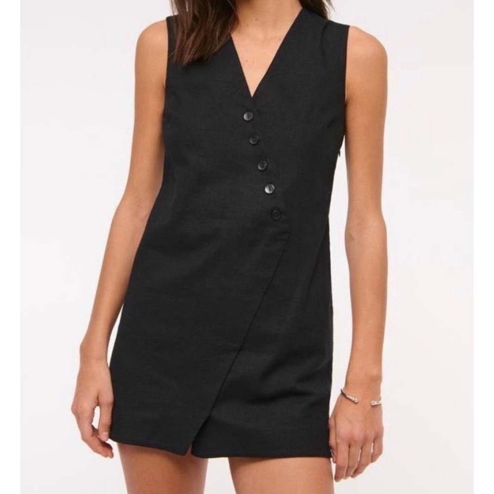🆕Abercrombie & Fitch Black Linen Blend Asymmetrical Button Front Mini Dress XL